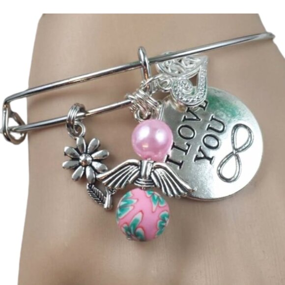 HAND CRAFTED Flower Love Angel Heart Adjustable Wire Charm Bracelet - Picture 1 of 7